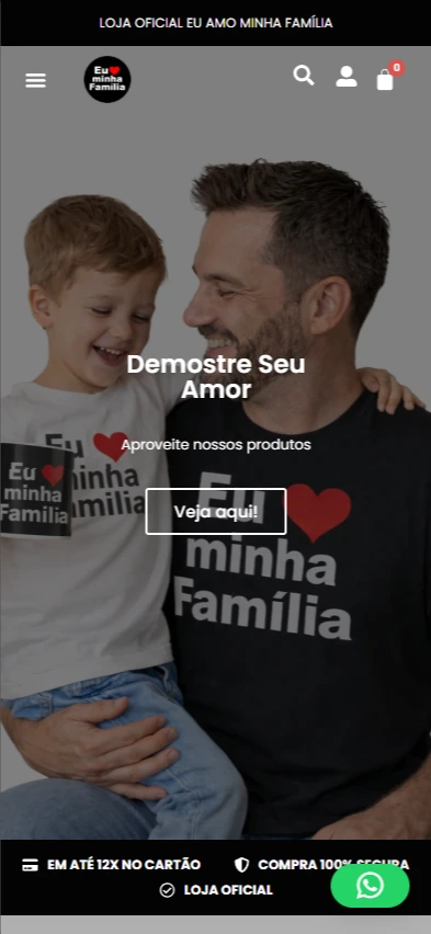 Versão mobile da loja virtual Eu Amo Minha Família exibindo produtos e categorias.