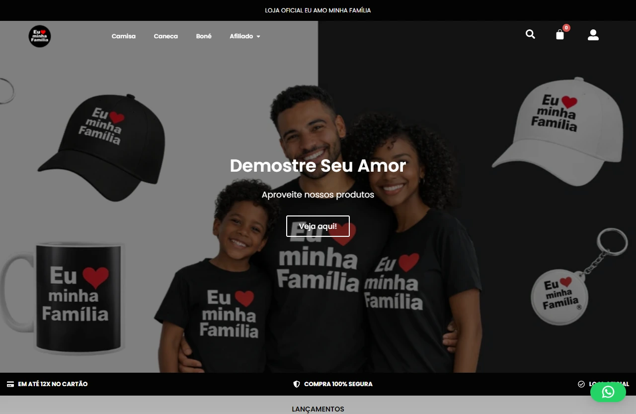 Tela desktop da loja virtual Eu Amo Minha Família com catálogo de produtos personalizados.