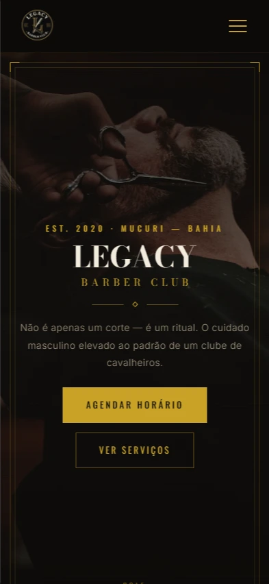 Versão mobile do Legacy Barber Club exibindo o agendamento online e os serviços da barbearia.