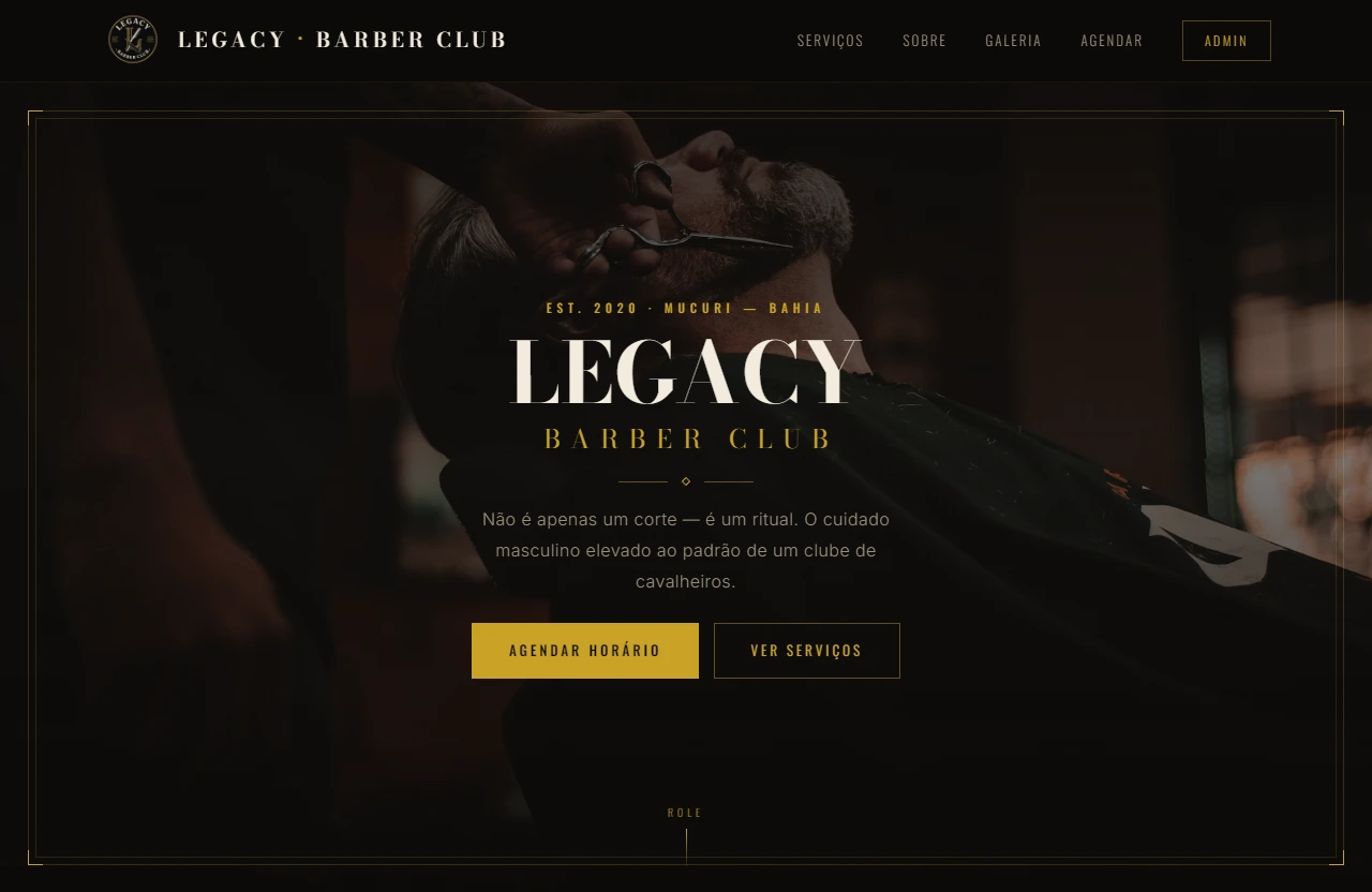 Tela desktop do Legacy Barber Club com sistema de agendamento para barbearia.