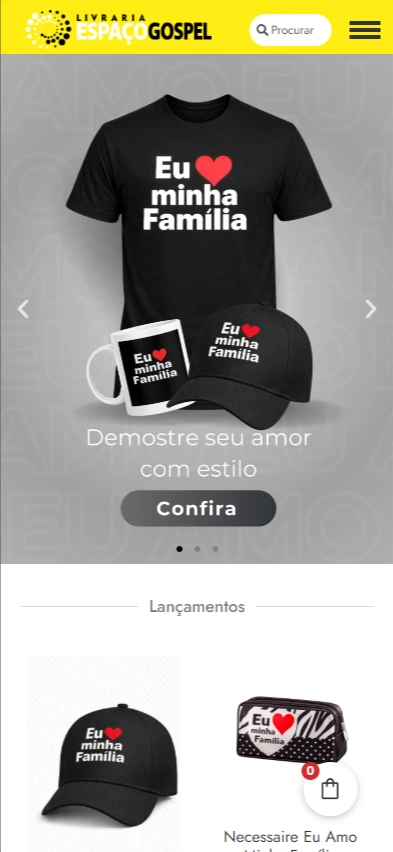 Versão mobile da Livraria Espaço Gospel mostrando categorias e produtos da loja.