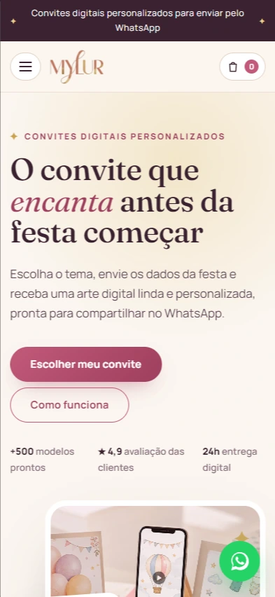 Versão mobile da loja virtual Mylur exibindo produtos e processo de compra.