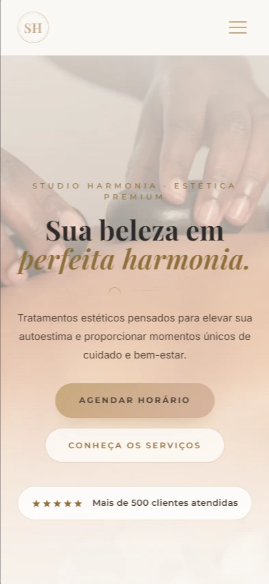 Versão mobile do Studio Harmonia exibindo os serviços e o agendamento online.