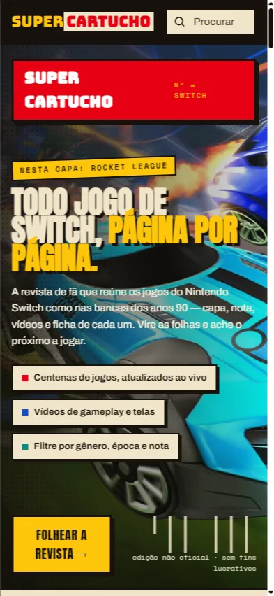 Versão mobile do Super Cartucho exibindo o catálogo de jogos Nintendo Switch.