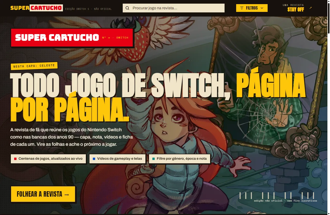 Tela desktop do Super Cartucho mostrando o catálogo de jogos Nintendo Switch.